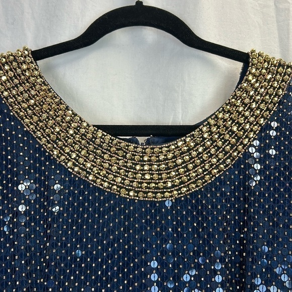 OLEG CASSINI BlackTie Navy Blue & Gold Silk Shimmery Dress W/Beads & Seq… - Picture 2 of 9
